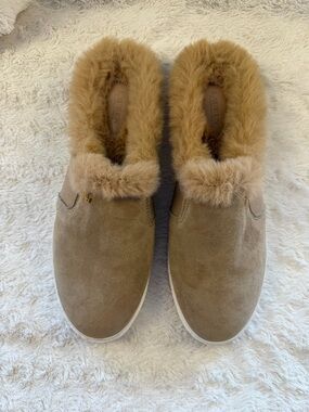 Ralph Lauren Tan Suede Fur-Lined Slip-On Slippers